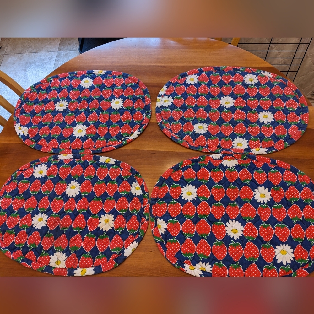 Blue Red Strawberries Daisies Quilted Placemats Vtg Kitchen Dining Corragecore
